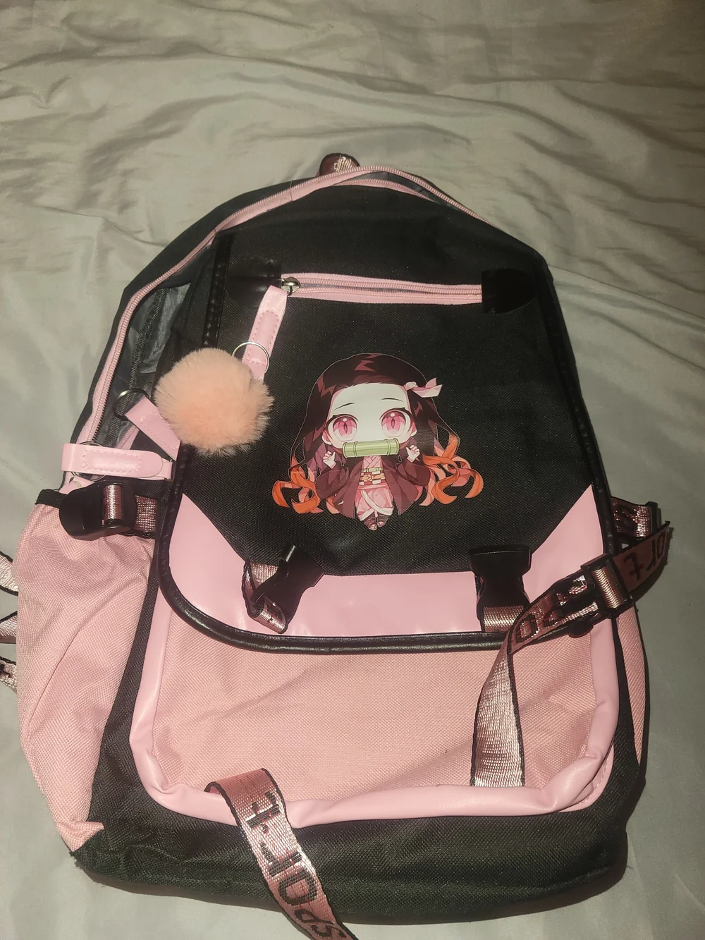 Pink & Black Anime Backpack with Pom Pom Charm